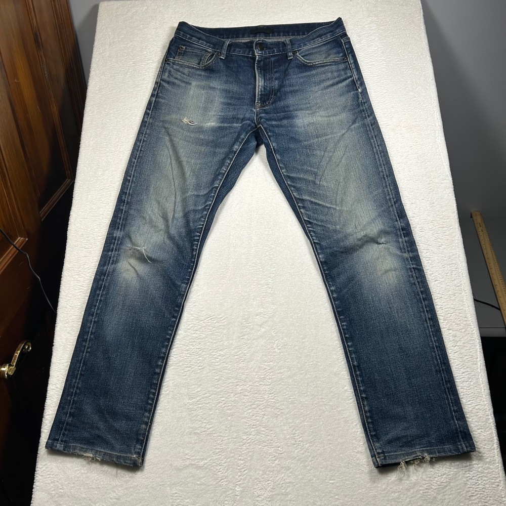 Uniqlo Slim Straight Jeans Selvedge Faded Denim Sz 31x32 Blue Stretch Distressed - Picture 2 of 12